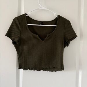 Shein Olive Ribbed V-Notch Crop Top